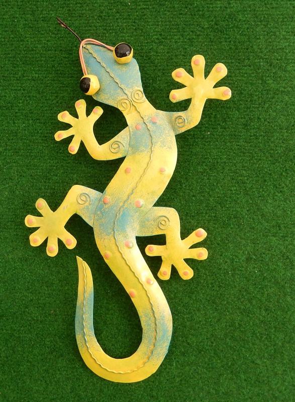 Gecko Eidechse Salamander Wandornament Wanddeko Metall Antikgold 70 cm Garten 